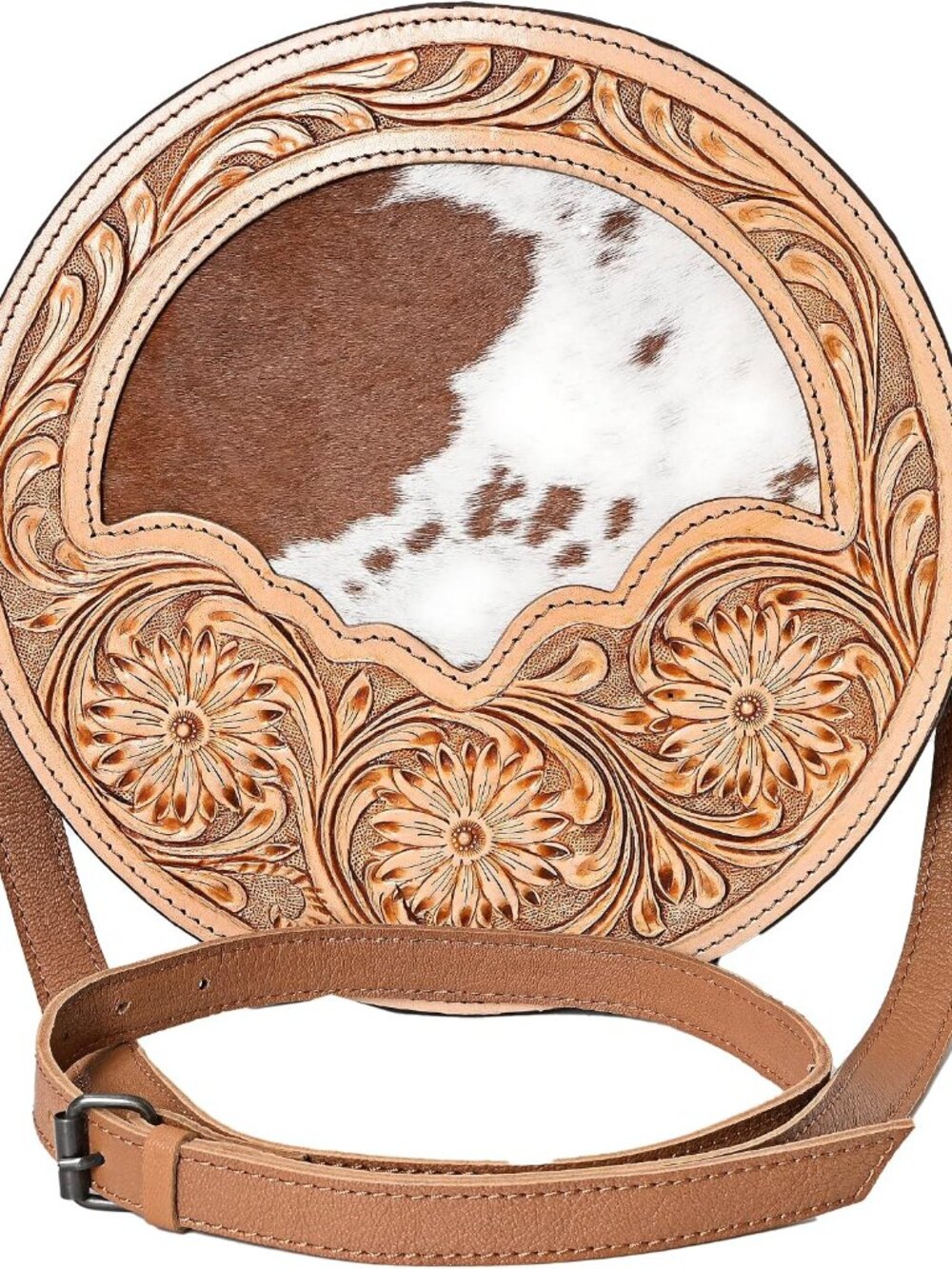 western Handtooled Cowhide Hairon Canteen Crossbody bag with Adjustable Detachab